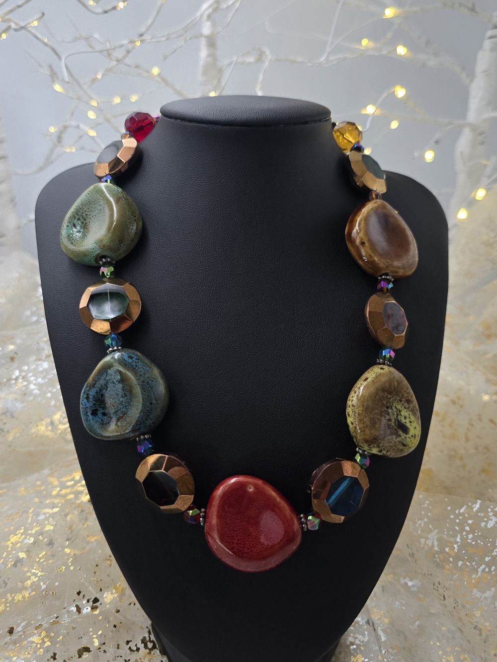 Vintage Ceramic Bead Statement Necklace Multicolored Artisan